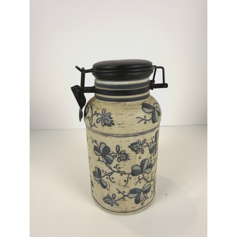 Rustic Floral Ceramic Canister Jar w/ Clamp Lid Cream Blue Gray Farmhouse Decor